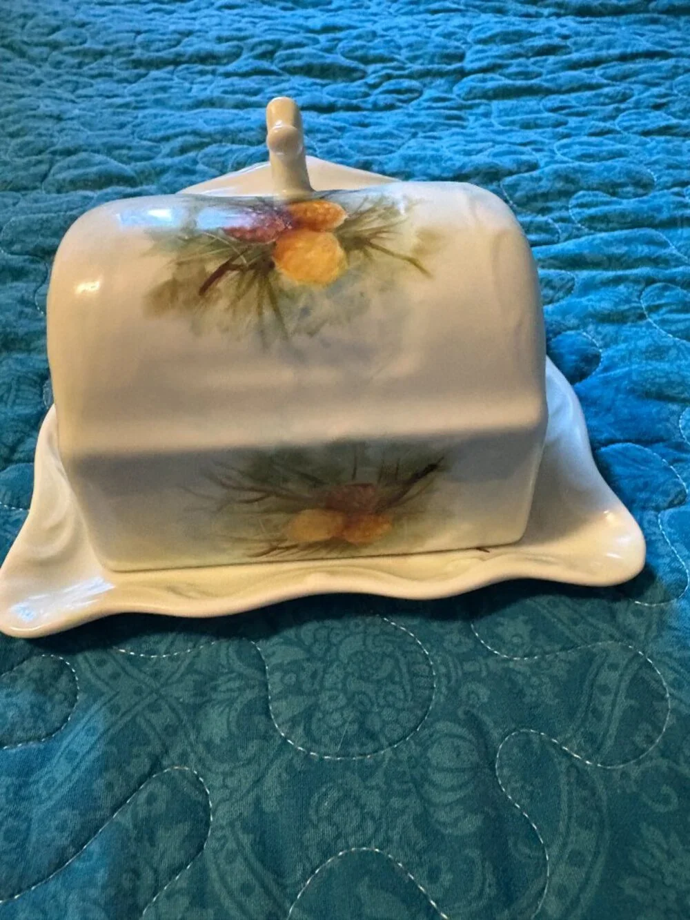 Vintage Covered Cheese Hand-Painted Pinecone Design Dish